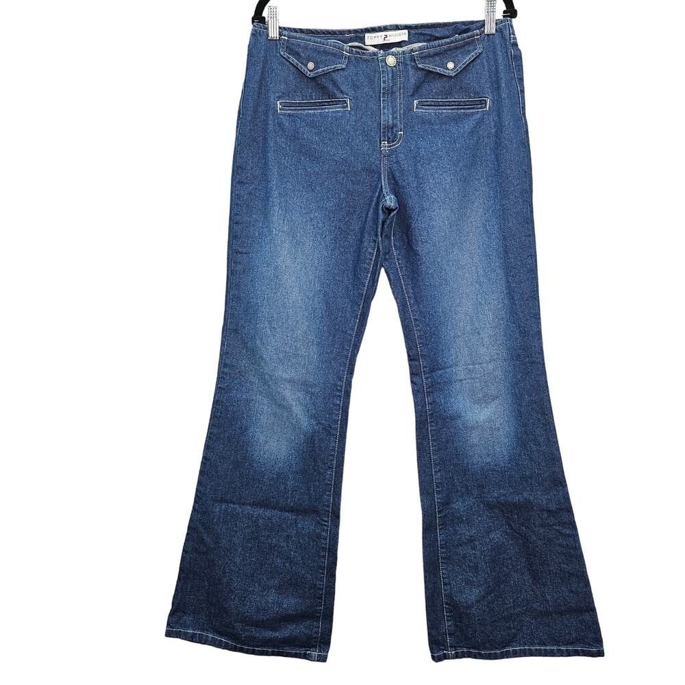 Tommy Hilfiger Jeans Womens 10 y2k Low Rise Dark Wash Blue Denim Wide Leg Pocket